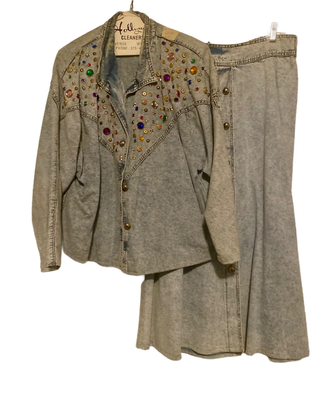 Embellished Light Blue Jean Jacket — Women's Rhinestone Detail with Skirt